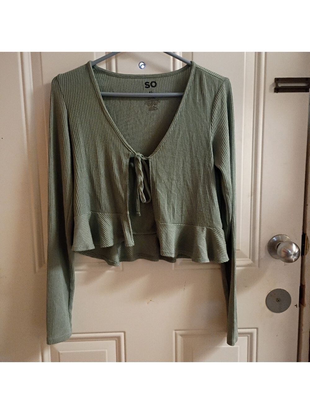 2/$10 SO Sage Green Ribbed Tie-Front Peplum Top Size XS